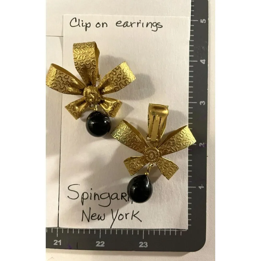 Vintage Spingarn New York Textured Gold Bow Black Drop Clip On Earrings Rare